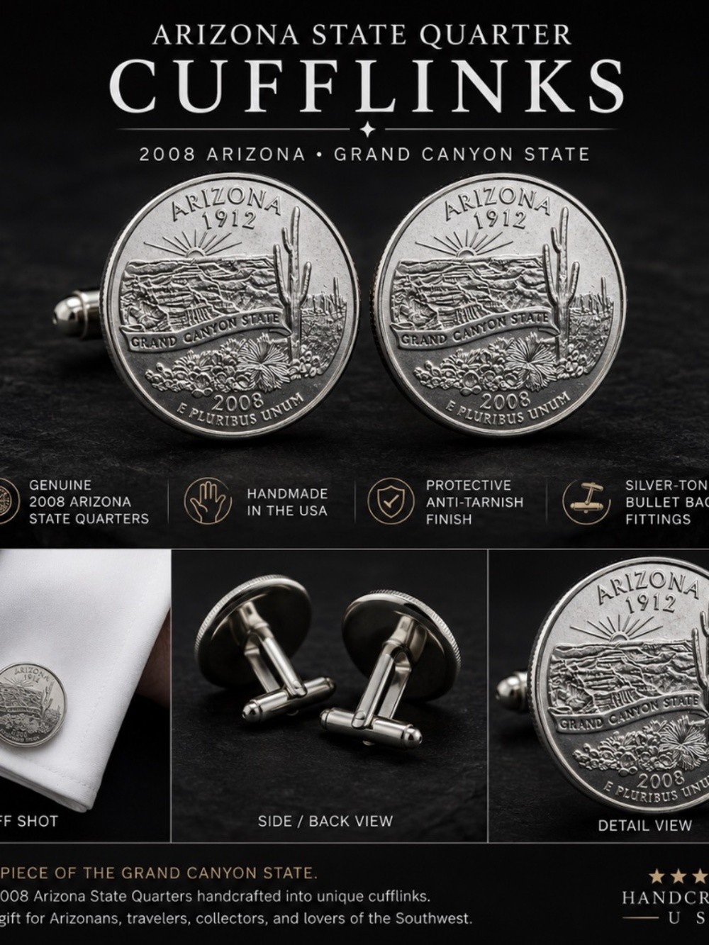 Handcrafted Arizona State Quarter Coin Cufflinks – 2008 Grand Canyon Design